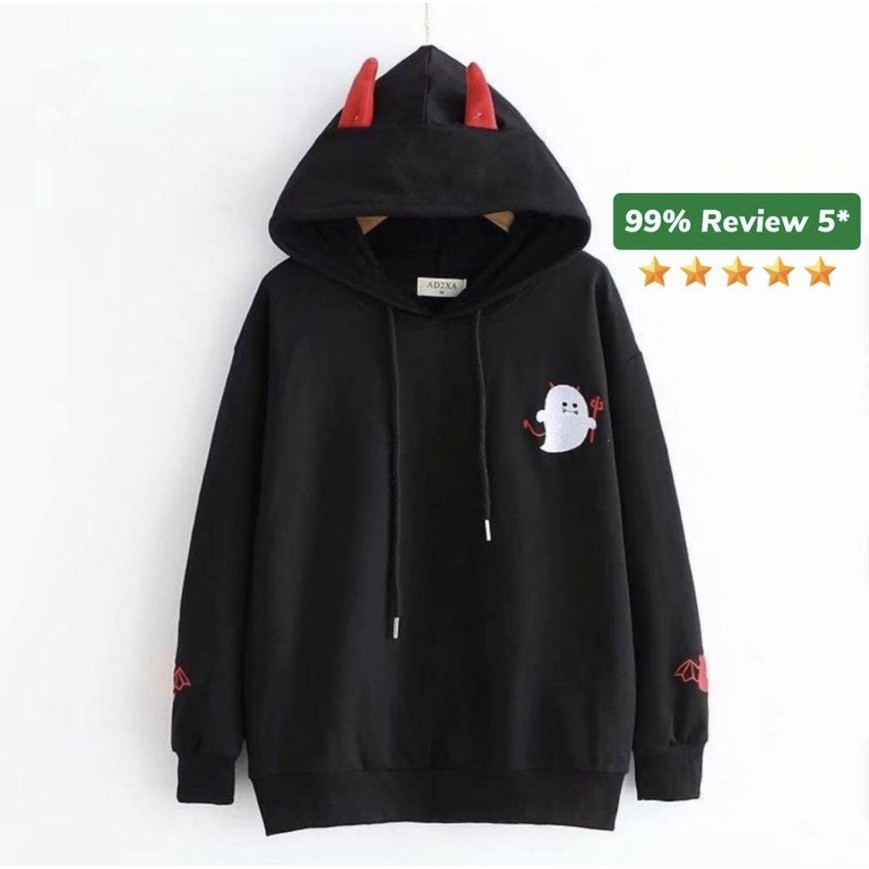 ÁO KHOÁC HOODIE NAM NỮ MÀU ĐEN MŨ CÓ TAI CUTE HOODIES QUỶ CUTE