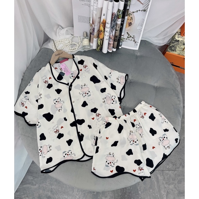 Đồ bộ pijama lụa ngủ mặc nhà quần đùi bigsize họa tiết cổ sen cute dễ thương chất liệu mango cao cấp JUSOKA