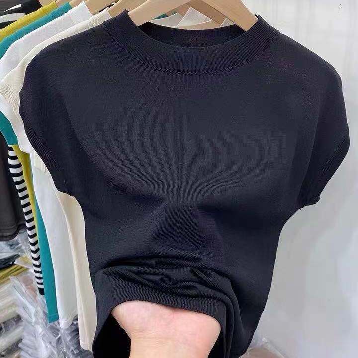 Áo Thun Dệt Kim Tay Ngắn Dáng Rộng Vải Lụa Lạnh Thoải Mái Cho Nữ