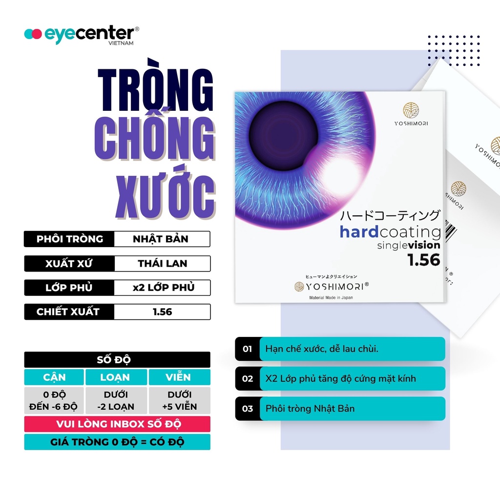 Tròng mắt cận loạn Eye Center Vietnam phôi tròng Nhật Bản chống xước chống UV ngăn ánh sáng xanh đổi màu đi nắng