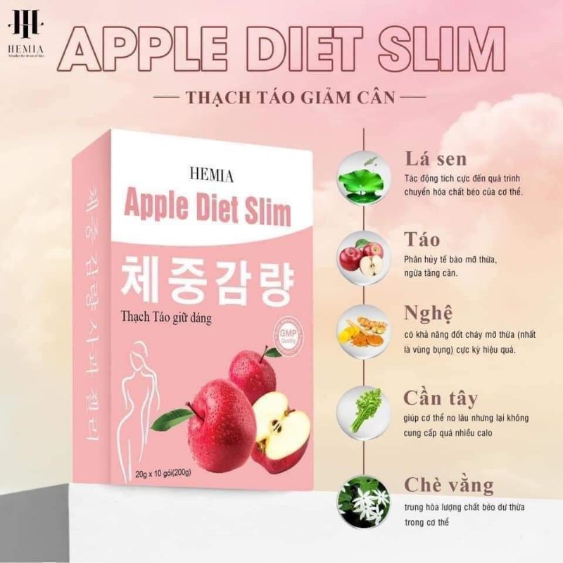 (Cam kết giảm cân) Thạch táo giảm cân Hemia, giảm cân đẹp dáng, hộp 10 gói, 20g