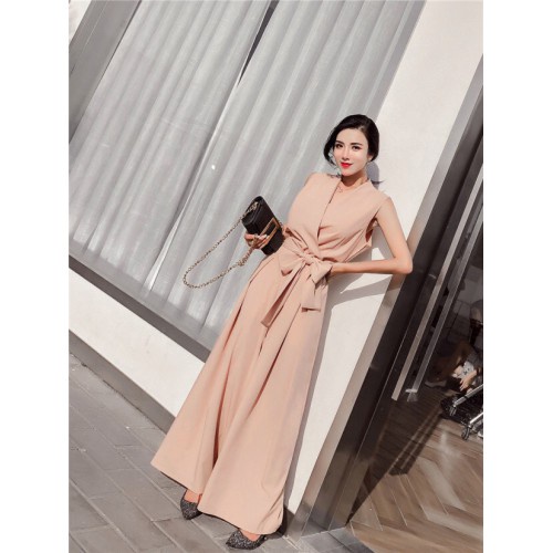﹉Jumpsuit Dài Cổ V Thắt Nơ Màu Kem Nude Trang Trọng - Đồ Bay Đẹp Cao Cấp Cực Chất Tôn Dáng