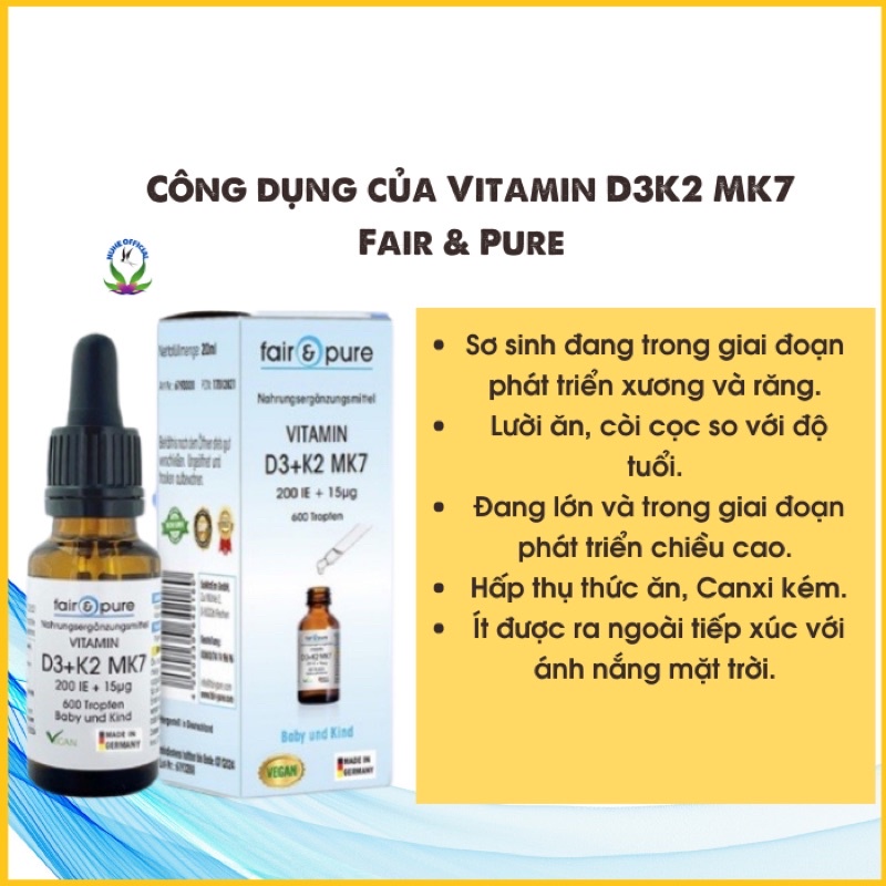 Vitamin d3 k2 mk7 Fair & Pure , vitamin d3 giúp bé ăn ngon, ngủ ngon tăng miễn dịch chai 20ml