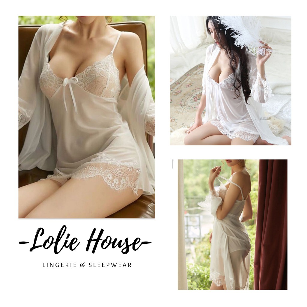 Váy ngủ sexy kèm áo choàng ren gợi cảm Đầm ngủ voan mỏng xuyên thấu LOLIE HOUSE - VN2