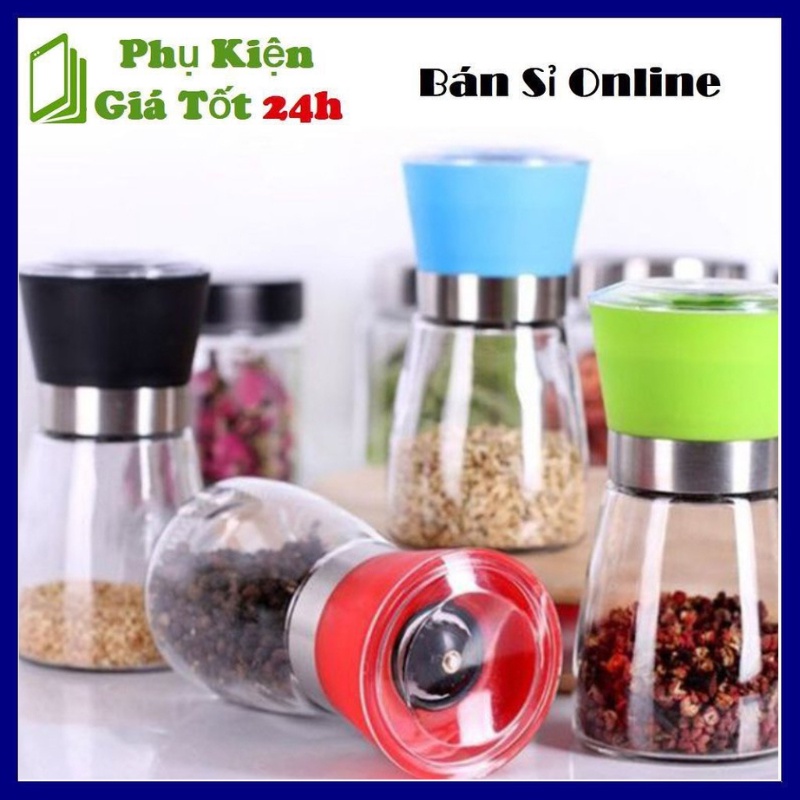 Lọ xay tiêu, cối xay tiêu chai thủy tinh trong suốt cầm tay đa năng