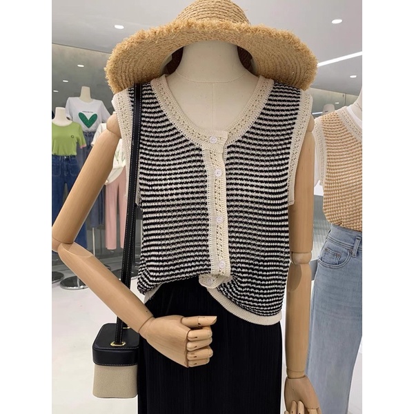 Áo len gile đóng cúc kẻ ngang viền phối màu Ulzzang Style🍓Hàng Quảng Châu