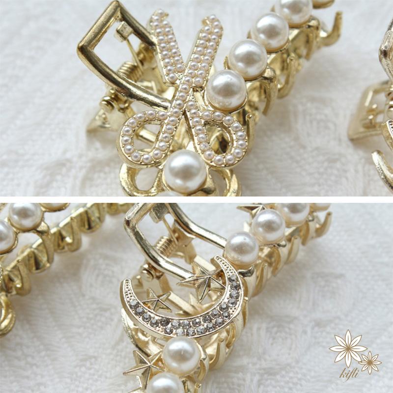 【kifli】Kẹp Tóc Móng Vuốt Hình Cây Kéo Đính Đá Ngọc Trai Dễ Thương Thời Trang Hàn Quốc Cho Nữ Hai