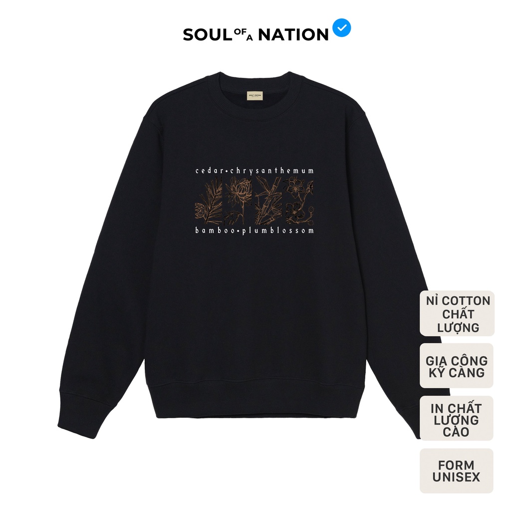 Sweater unisex In cao cấp TỨ QUÂN TỬ (TÙNG CÚC TRÚC MAI) form basic vải nỉ bông cotton SOUL OF A NATION - Đen / Trắng