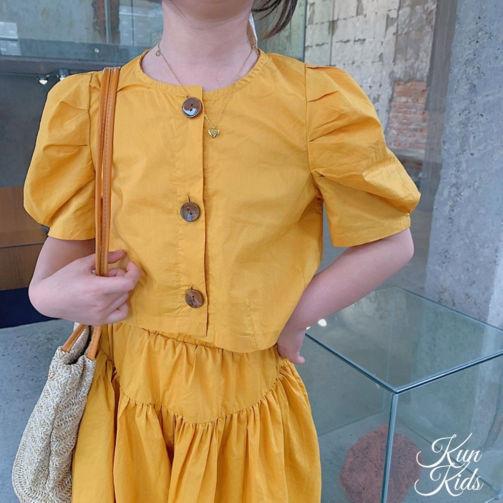 Bộ quần áo bé gái Kun Kids chất đũi Hàn cao cấp kiểu áo tay bồng và quần ống rộng cho bé 2-10 tuổi