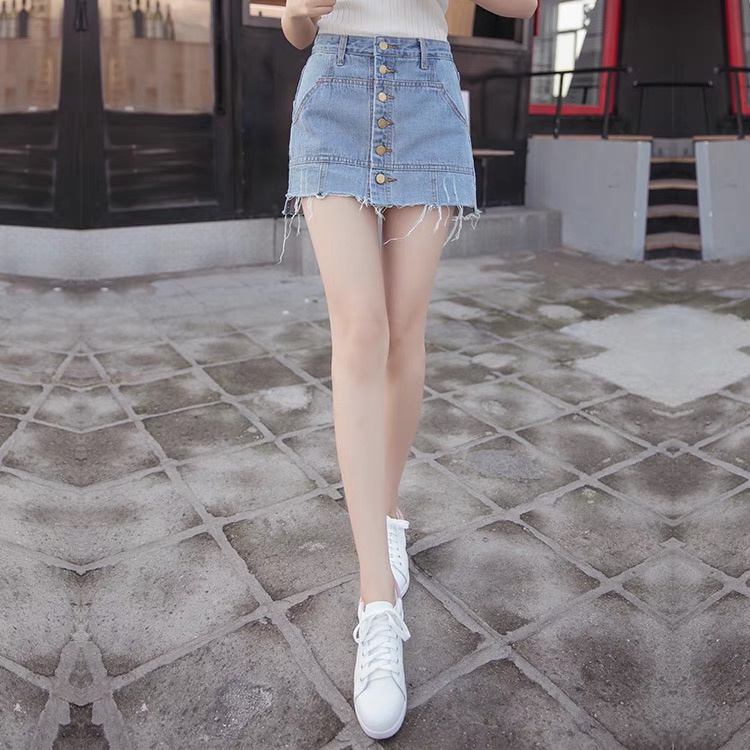 Xả Kho : Chân váy bò Jeans thiết kế lưng cao Denim giả váy trong có quần size to cá tính đóng cúc