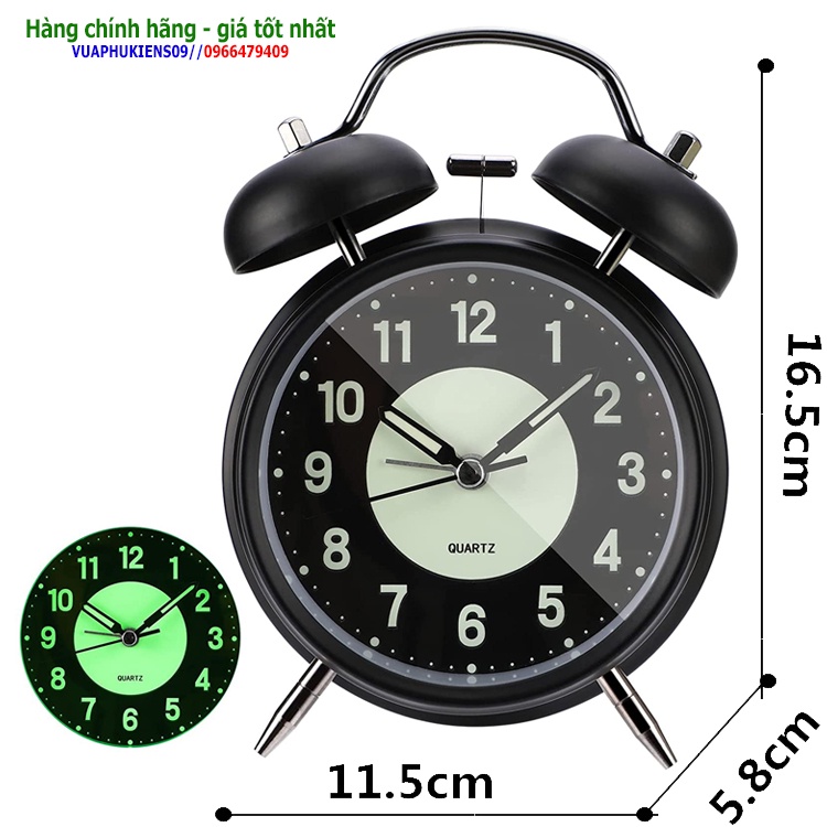 Đồng hồ kim loại dạ quang để bàn 2 quả chuông báo thức phong cách cổ điển
