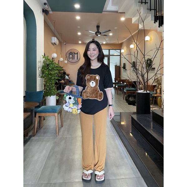 Set áo cotton phối viền cổ gấu lông quần gân hình thật