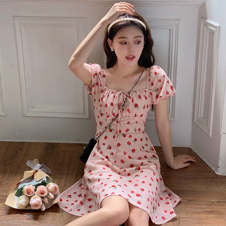 Đầm Tay Phồng Cổ Vuông Họa Tiết Hoa Xẻ Tà Phong Cách Hàn Quốc Thời Trang Mùa Hè Cho Nữ