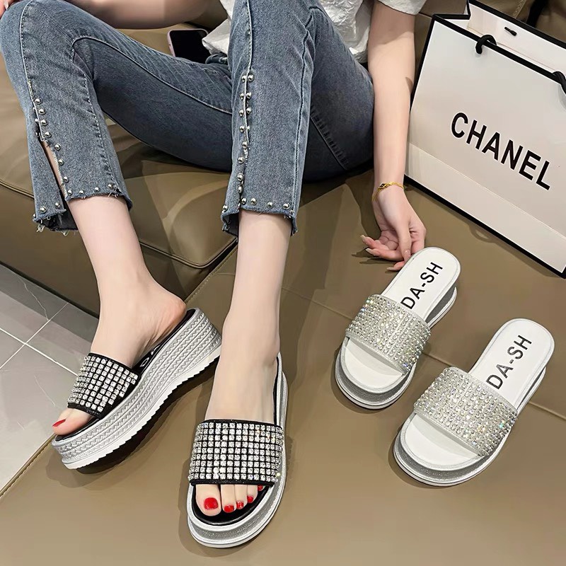 (S155) Dép xuồng nữ đế 6 phân quai ngang full đá (Mã 823 - xuồng đá)