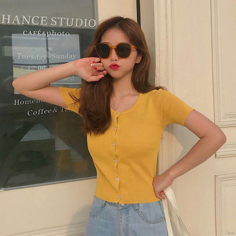 Áo thun len lưng cao tay ngắn cổ vuông