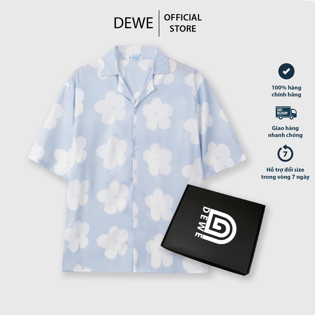 Áo sơ mi nam ngắn tay DEWE, vải lụa nhập khẩu chống nhăn thoáng mát, họa tiết Hoa Xanh - DEWE Cuban Shirt