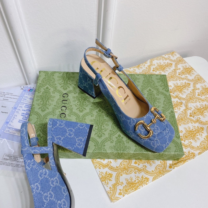 Giày sandal guốc guci jean hoạ tiết gót trụ fullbox