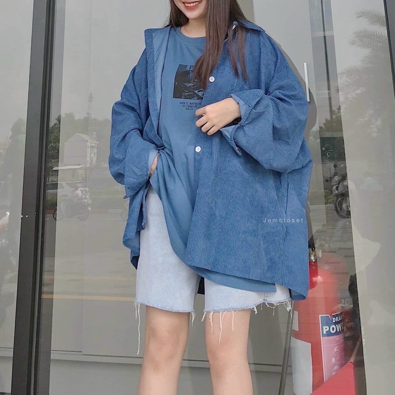 Áo Khoác Sơmi Nhung Gân 1 Túi logo form unisex rộng thoải mái cute