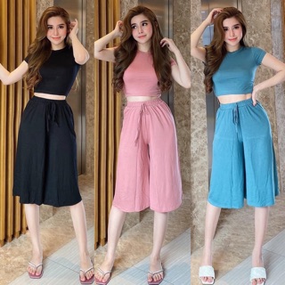 Set áo thun croptop tay con + quần lửng ống rộng