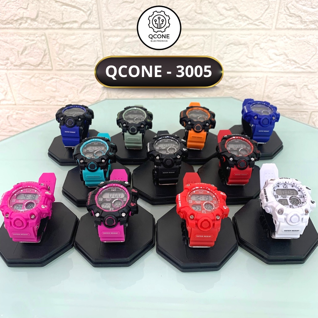 Đồng hồ điện tử trẻ em bé trai và bé gái chống nước Qcone 3005 chống nước 30m đa chức năng có đèn led 7 màu