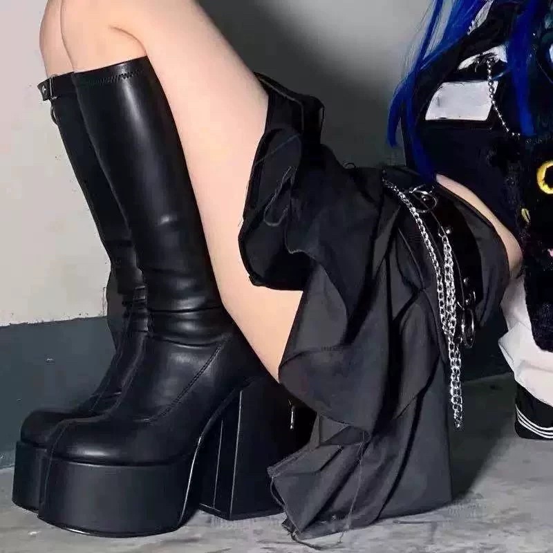 (HÀNG CÓ SẴN) Bốt đùi da mềm độn đế gót vuông cao BIG SIZE 40-43