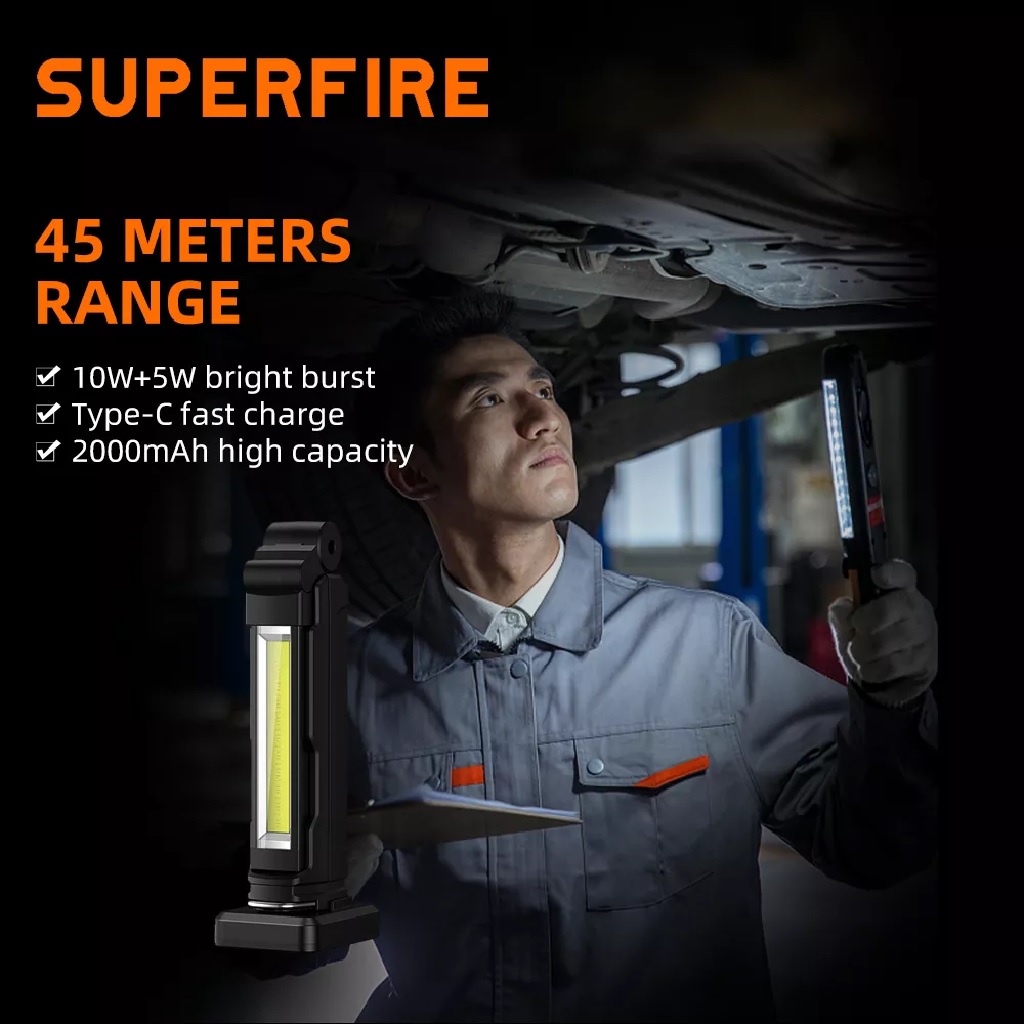 Đèn Pin sạc Superfire G16-S Chính Hãng xoay 360 độ sạc USB đế nam châm mạnh cho thợ sửa chữa ô tô