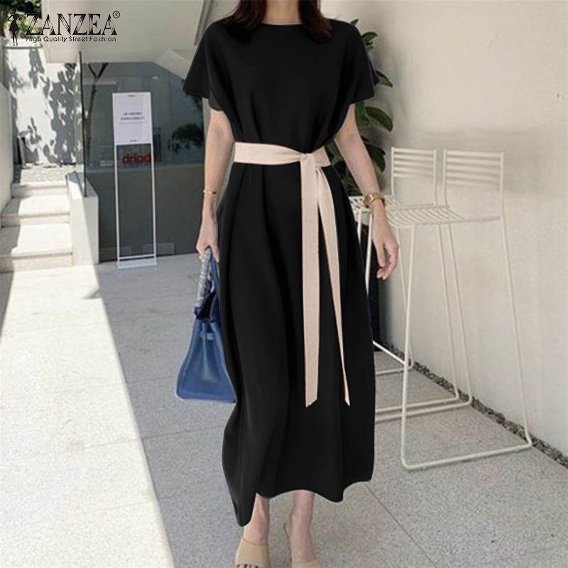 Đầm maxi Zanzea tay ngắn dáng rộng phối màu tương phản thời trang thanh lịch cho nữ