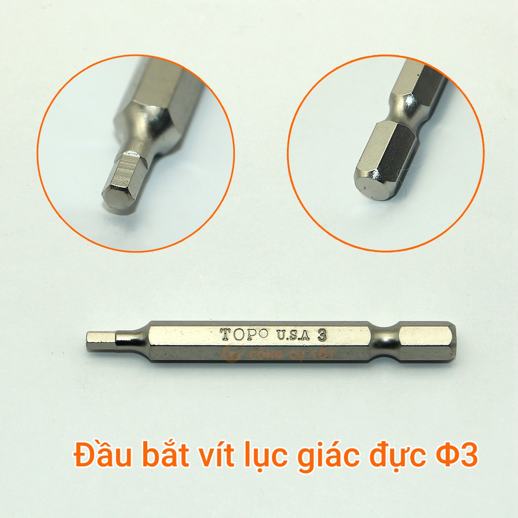 Vỉ 10 đầu bắt vít lục giác đực dài 65mm TOP 3-4mm