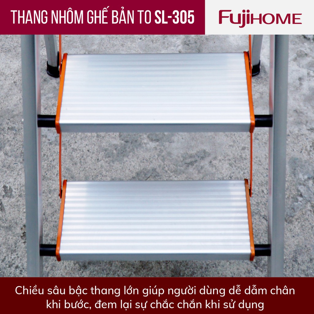 Thang ghế nhôm tay vịn chữ A bản to 4 - 5 - 6 bậc từ 1,4M - 1,9M xếp gọn FUJIHOME, Thang chữ A gia đình đa năng rút gọn