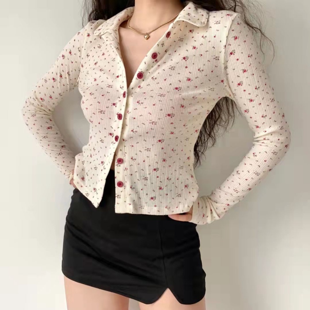 Áo cardigan BH tay dài họa tiết hoa phong cách retro cho nữ