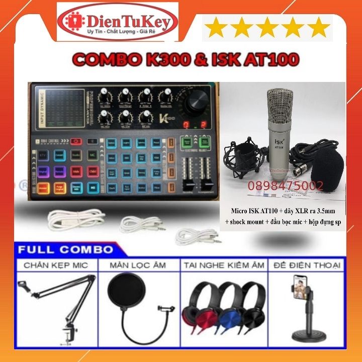 Bộ live Sound Card K300 Autotune và mic thu âm ISK AT100 tặng kèm tai nghe chuyên thu âm, livestream, karaoke onine