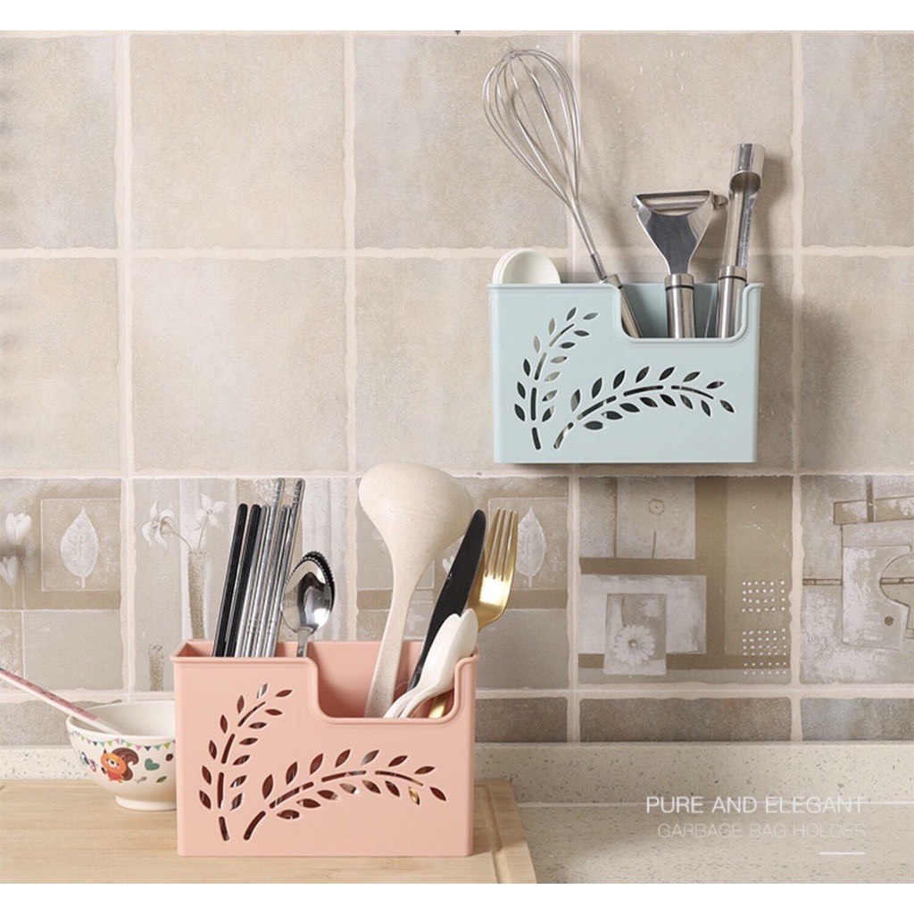 Ống đũa thìa dính tường giỏ đựng thìa đũa treo tường hồng pastel tiện lợi - Ống đựng đũa thìa 2 ngăn phong cách hàn quốc