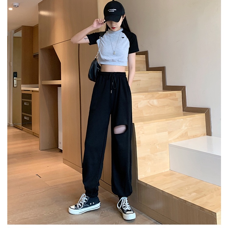 NRVP Quần jogger nữ lưng cao ống rộng phối rách thời trang