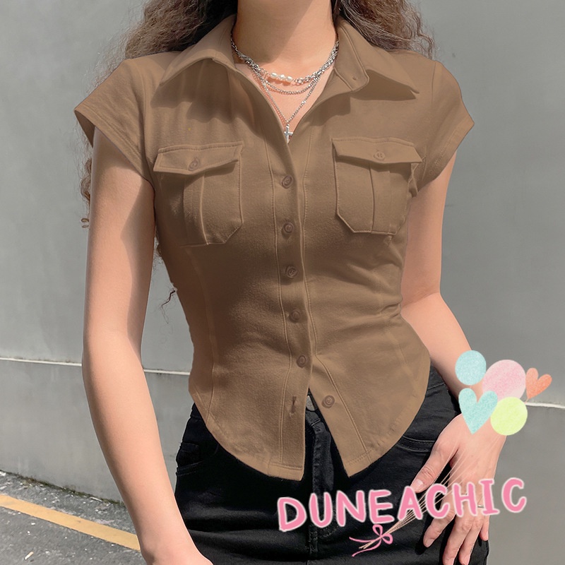 DUNEA Áo sơ mi công sở có túi cổ polo thời trang dành cho nữ