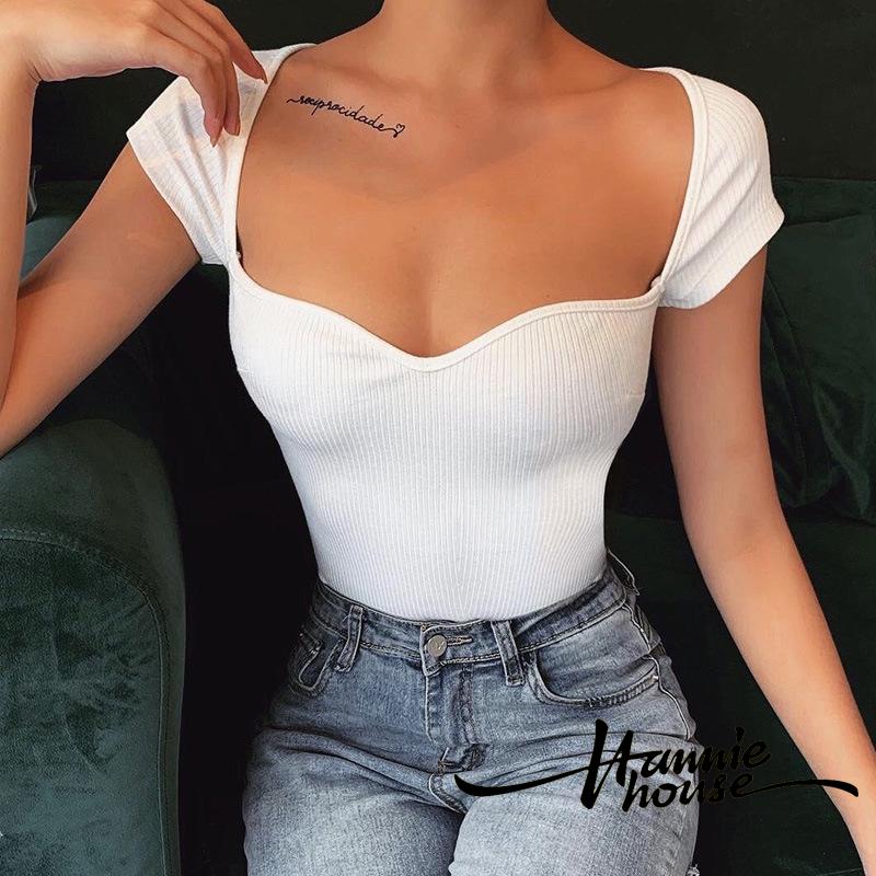 ❥Only➢Women´s Sexy Knit Top, Short Sleeve V Neck Slim Fit Rib Knit Plain Tee Shirt for Daily Wear