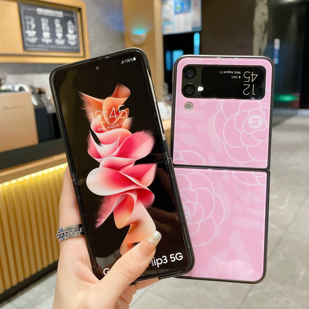 Ốp Điện Thoại Kính Cường Lực Cứng Họa Tiết Hoa Màu Hồng Đen Cho Samsung Galaxy Z Flip 4 5G Z Flip 3 5G