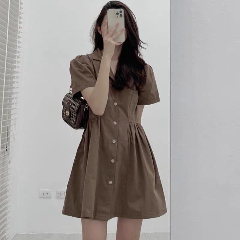 Váy đầm babydoll cổ vest dáng ngắn công sở đi chơi du lịch nhẹ nhàng điệu đà hằng ngày trơn thô đũi hàn quốc