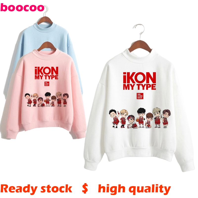 Áo Hoodie Dài Tay Thêu Chữ Ikon Phong Cách Hàn Quốc