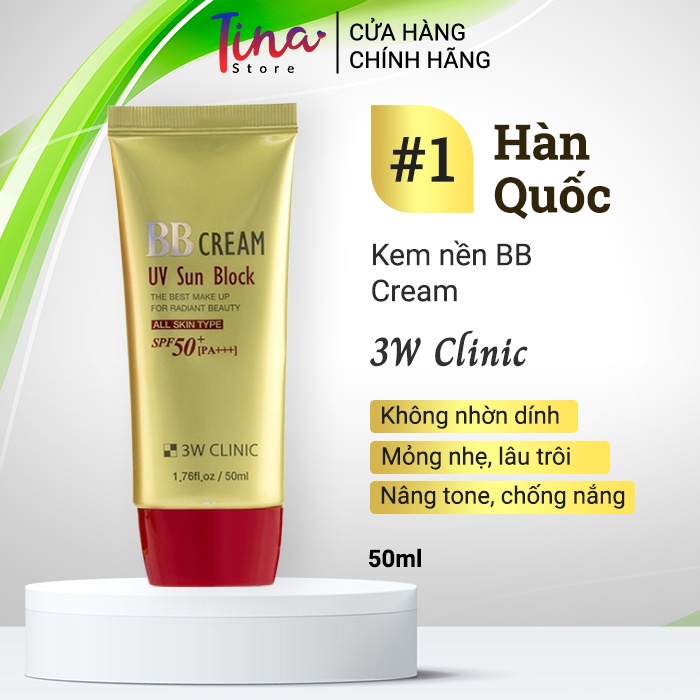 Kem Nền Đa Chức Năng Dưỡng Trắng Da, Chống Nắng Che  Khuyết Điểm BB Cream UV Sun Block 3W Clinic Hàn Quốc 50ml- VỎ ĐỎ