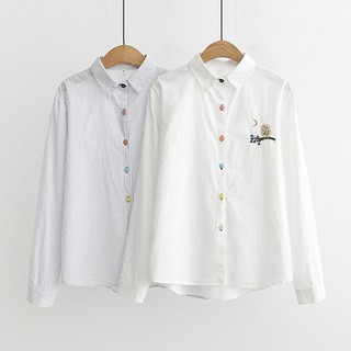 Áo sơ mi trắng nữ học sinh sinh viên dài tay thêu cú mèo phối cúc áo nhiều màu vải 100% cotton thời trang Nhật Bản Akira