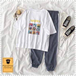 Bộ thể thao /set quần jogger line phối áo thun tay lỡ happy unisex cho nam và nữ - s19ppo
