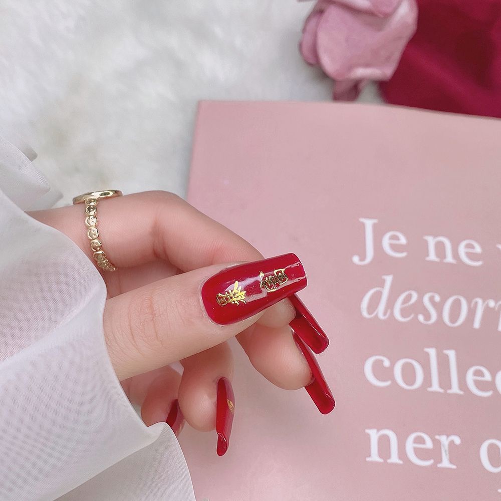 [Hàng mới về] Miếng dán trang trí móng tay họa tiết chữ Trung Hoa màu đồng 3d phong cách năm mới 2022 sang trọng