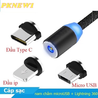 Cáp sạc nhanh nam châm 3 loại cổng có đèn báo xoay 360 độ