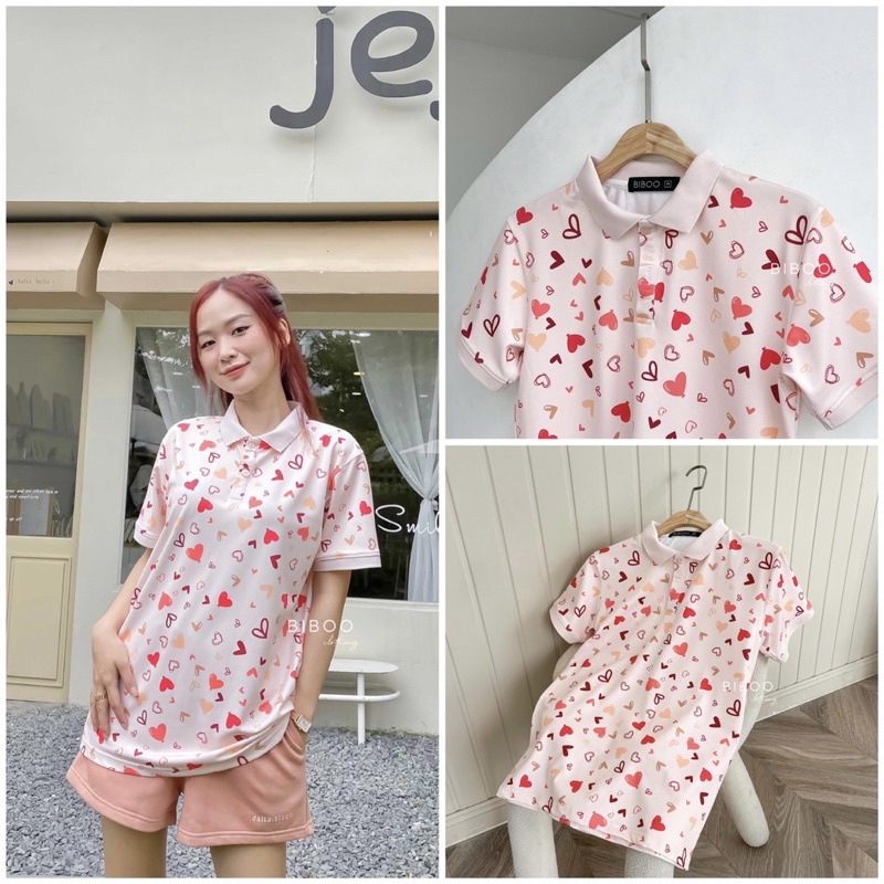 BIBOO - Áo polo họa tiết có cổ tay ngắn form unisex nam nữ TRÁI TIM MÀU - MULTI HEARTS chất liệu dày dặn, không nhăn