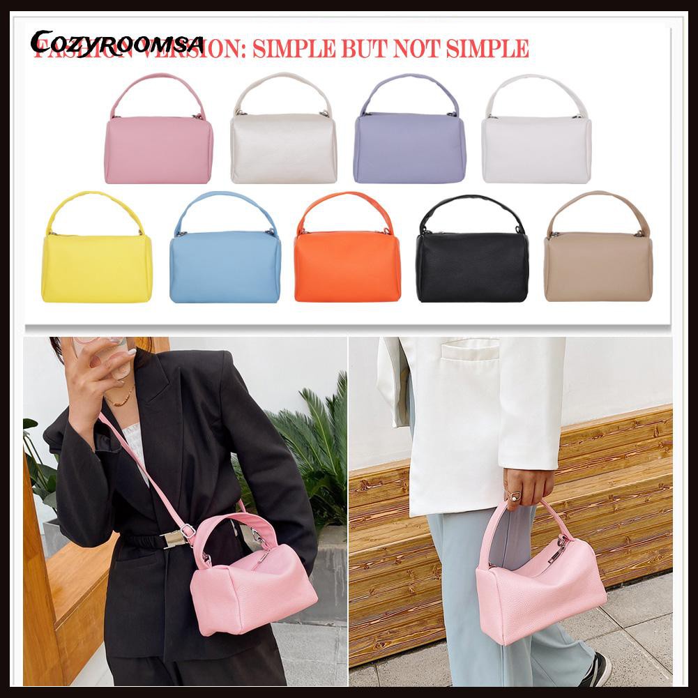 Women PU Pure Color Lychee Pattern Shoulder Bag Vintage Top-handle Handbags