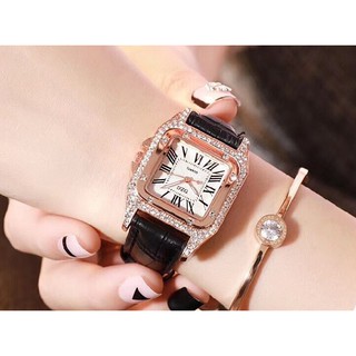 Đồng hồ nữ dây da thời trang DZG mặt vuông đính đá
