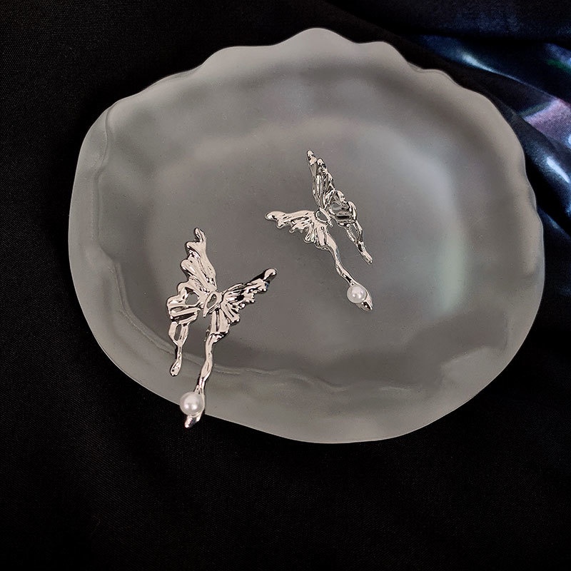 Bông Tai Hình Bướm Đính Ngọc Trai Sang Trọng Phong Cách hip hop Hàn Quốc