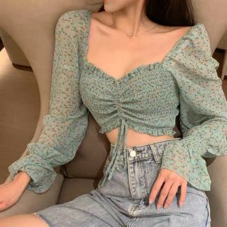 (34) SẴN Áo croptop hoa nhí rút dây ngực kèm ảnh mẫu mặc