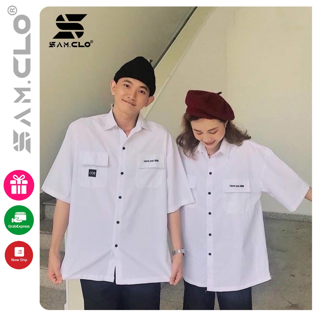 Áo sơ mi học sinh nữ tay ngắn - lỡ, form ulzzang freesize unisex, dáng rộng, mặc đi học, thêu chữ I LOVE YOU 3000 TRẮNG | BigBuy360 - bigbuy360.vn