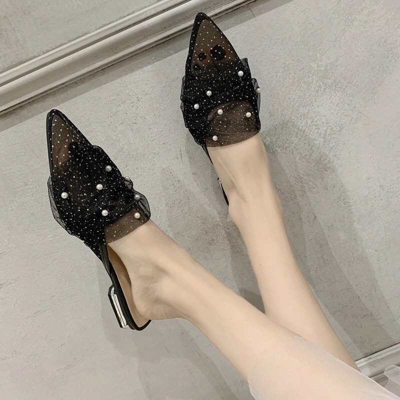 Giầy sục nữ đế thấp đính hạt cực xinh, sục nữ phối lưới điệu đà